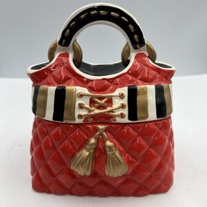 David's Cookies Mini Purse Cookie Jar Red, Black, White, Gold 6 1/2"‎